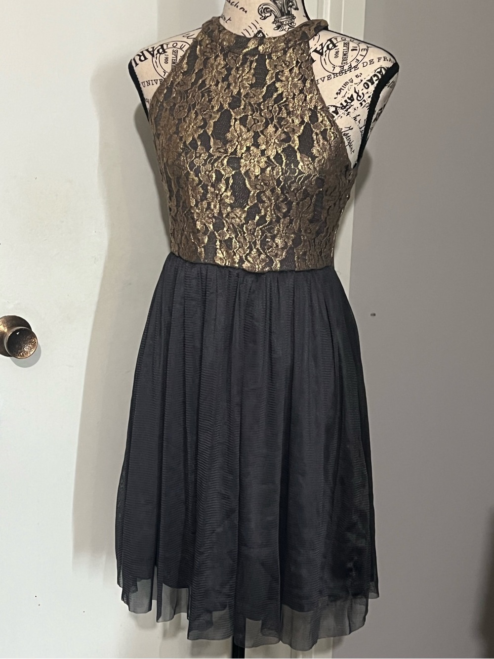 Gold Lace Bodice Black Skirt Halter Dress